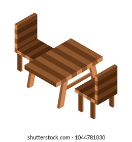 Camping or picnic table isometric icon. Rest area illustration with garden wooden table and chairs in isometry style.