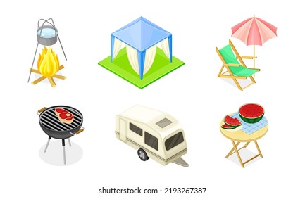 Camping and Picnic with Trailer, Barbecue Grill and Tent as Summer Outdoor Activity Isometric Vector Set