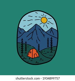 camping in a pine forest with illustrations on a cloudy afternoon in mono line art, badge vector, pin, T-shirt art, vector illustration