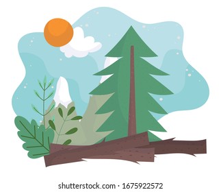 camping pine tree mountain trunk sun clouds sky cartoon vector illustration