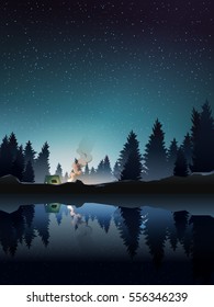 camping in pine wood near lake at night