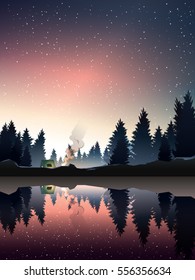 camping in pine wood near lake at dusk
