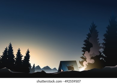 camping in pine wood on mountain when sunrise