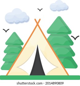 Camping pitch Concept, Campsite with Tree and Clouds Vector Icon Design, Travel and Tourism Symbol, Holiday and Vacation Sign, Discovery and exploration Stock illustration