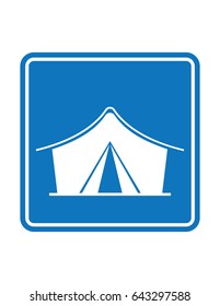 Camping place blue square vector sign, tent icon symbol