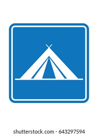 Camping place blue square vector sign, tent icon symbol