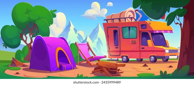 Camping place with camper van with baggage on top, tent, lounge chair and bonfire place in forest near mountains. Cartoon summer day scene with caravan during outdoor vacation.