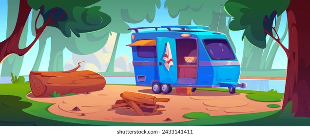 Camping place with camper van with tent and open door standing in forest near logs on bonfire pit and large wood trunk on ground as seat. Cartoon summer scene with caravan for outdoor relax and travel