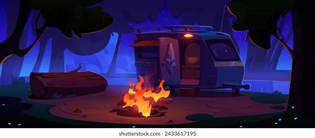 Camping place with camper van with tent and open door standing in forest near logs on bonfire pit and large wood trunk on ground as seat. Cartoon summer night scene with caravan for relax and travel