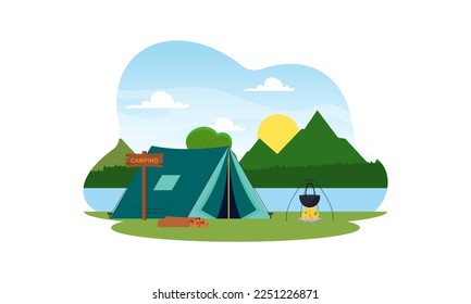 Camping place cartoon composition with dinner on fire night sky