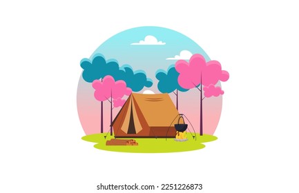 Camping place cartoon composition with dinner on fire night sky