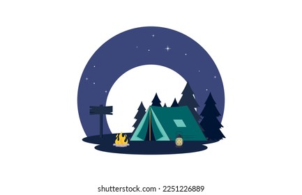 Composición de caricatura de camping place con cena en el cielo de la noche del incendio