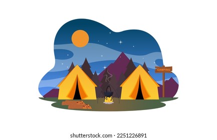 Camping place cartoon composition with dinner on fire night sky