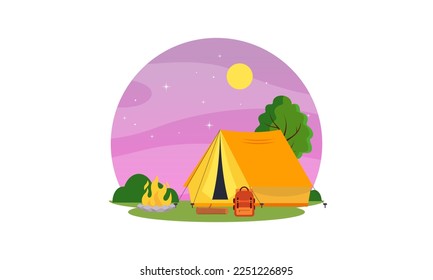 Composición de caricatura de camping place con cena en el cielo de la noche del incendio