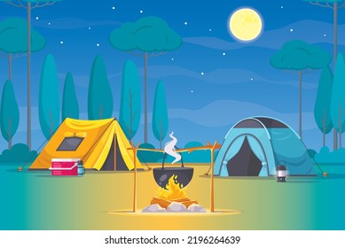 Camping place cartoon composition with yellow tent lamp pot with dinner on fire night sky