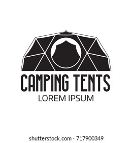 Camping place logo or label template. Outline geodesic tent icon. Hiking and camping tents logotype.