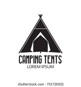 Camping place logo or label template. Outline tepee icon. Hiking and camping tent logotype.