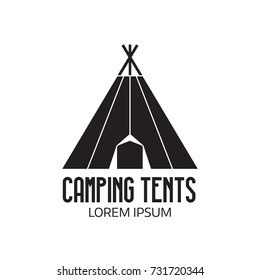 Camping place logo or label template. Outline tepee icon. Hiking and camping tent logotype.