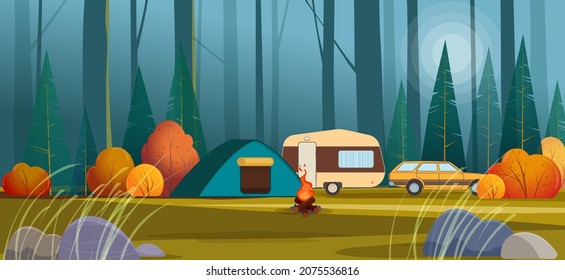 Camping place with tent and caravan trailer under the autumn forest. Vector illustration