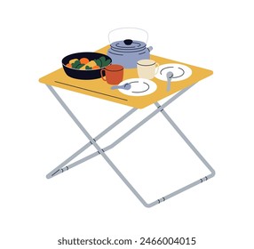 Camping portable dining table with food, tea kettle, mugs and plates. Picnic setup, served meal for eating outdoors. Hiking touristic utensils. Flat vector illustration isolated on white background