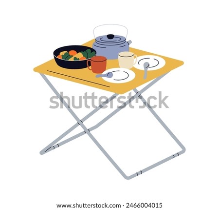 Camping portable dining table with food, tea kettle, mugs and plates. Picnic setup, served meal for eating outdoors. Hiking touristic utensils. Flat vector illustration isolated on white background
