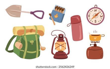 Camping portable instruments. Vector shovel, matches in box and gaslamp, stove and compass, thermos and hiking backpack with sleeping mat, rope and cup. Traveling and hiking accessories