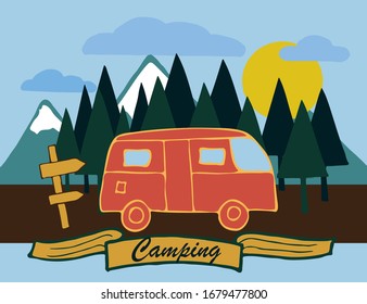 camping postcard. travel day and night. motorhome on mountains background. the long way