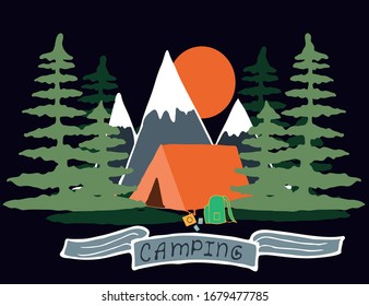 camping postcard. travel night. tent on forest and mountains background. night sky and big moon