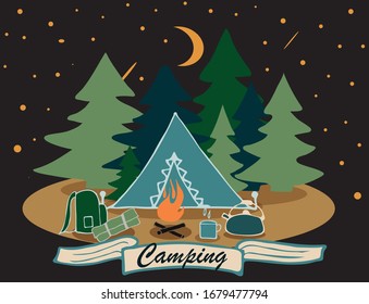 camping postcard. travel night. tent on forest background. star sky and bonfire