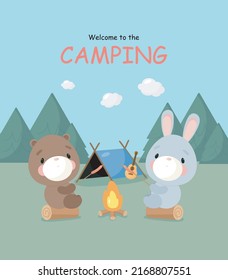 Camping poster with cute bear and rabbit fried sausages. Cartoon style. Vector illustration.