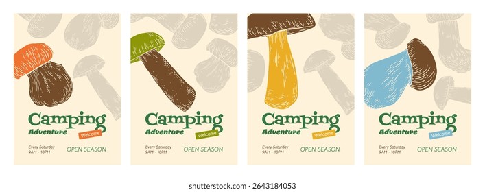 Camping poster set. Porcini Mushrooms Vector hand drawn autumn banner design template, forest design. Natural food silhouette, vintage mushroom pickers symbol. Travel stamp retro graphic.