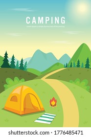 camping poster in summer with mountain background morning, design by global stock image dot com