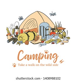 Camping poster template. Take a walk on the wild side. Hiking icons colored sketch style set. vector collection. frame on top text, copy space. Vector illustration. For prints, cards, flyer, flier