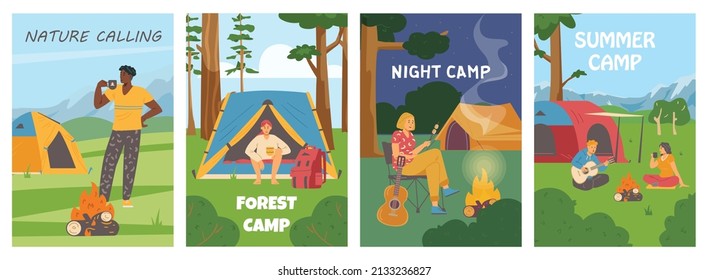 Camping posters set with people relaxing in nature with tents and bonfire, flat vector illustration. Summer camp flyers, cartoon characters playing guitar and drinking tea by the fire.