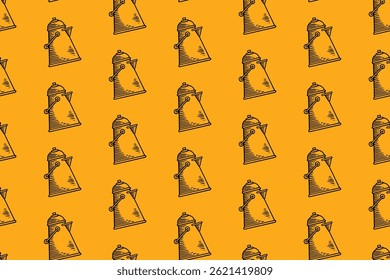 pote de acampamento doodle padrão sem costura no fundo amarelo para mercadorias de aventura. fundo de padrão de gravação chaleira ao ar livre. diarreia portátil retro, caldeirão eclosão ilustração papel de parede