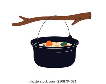 Camping pot hanging on branch, cooking soup outdoors. Stewed vegetables, meal preparation in touristic cauldron for picnic outside, cookout. Flat vector illustration isolated on white background