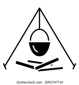 A camping pot hangs over the campfire on a tripod. Vector icon, glyph, isolated