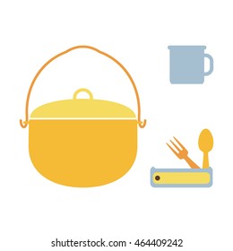 Camping pot, mug, spoon and fork. Vector illustration. Isolated on a white background.