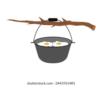 Camping pot on a stick for a fire isolated on a white background. Vector flat illustration of cooking a delicious dish on a hiking trip.