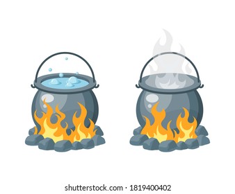 Camping pot over the bonfire. Boiling water or soup in a cauldron. Simple vector illustration in flat style isolated on a white background.