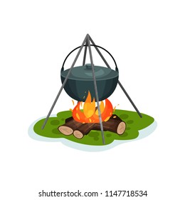 Camping pot over bonfire, delicious fish soup cooking vector Illustration on a white background