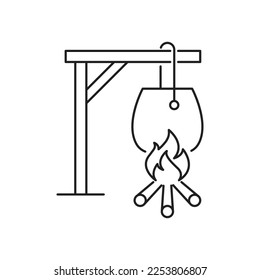 Cacerolazo sobre el diseño de un icono de la hoguera. cocinando en un icono del fuego del campamento. aislado de fondo blanco. ilustración vectorial