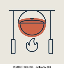Campingtopf auf einem Feuer, Vektorsymbol einzeln. Wanderzeichen. Graph Symbol für Reise- und Tourismus Website und Apps Design, Logo, App, UI