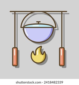 Camping pot over a bonfire vector isolated icon. Hiking sign. Graph symbol for travel and tourism web site and apps design, logo, app, UI