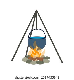 Camping pot over bonfire. Vector Illustration on a white background