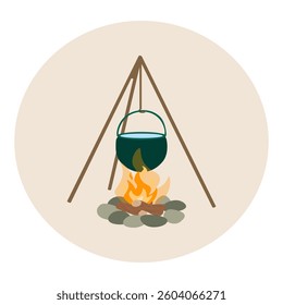 Camping pot over bonfire. Vector Illustration on a white background. Summer camping