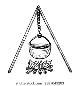 Camping pot sketch. Utensils for cooking over fire. Hand drawn illustration.