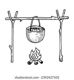 Camping pot sketch. Utensils for cooking over fire. Hand drawn illustration.