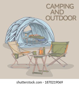 Camping products! camping bed, tent, chair, table, sleeping bag. Vector illustration