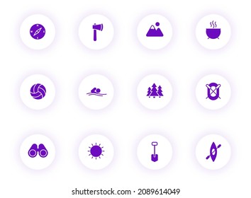 camping purple color vector icons on light round buttons with purple shadow. camping icon set for web, mobile apps, ui design and print